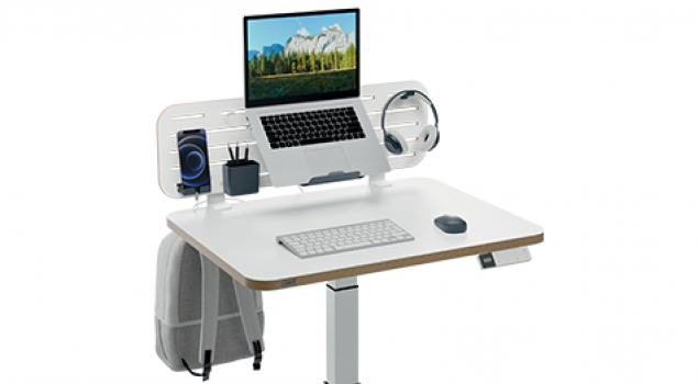 Der neue elektrisch höhenverstellbare Sitz-/Steh-Schreibtisch mit Pegboard-Organizer-System.
